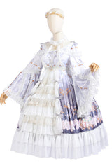 White/Purple Hanayome Cardigan High Waisted Trumpet Sleeves Multi-Layer Ruffled Sweet Lolita OP Dress - Product - 6