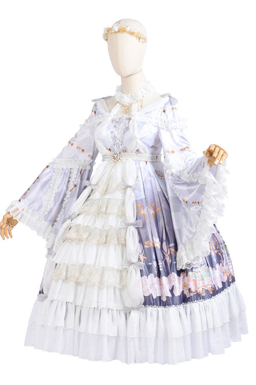 White/Purple Hanayome Cardigan High Waisted Trumpet Sleeves Multi-Layer Ruffled Sweet Lolita OP Dress - Product - 6