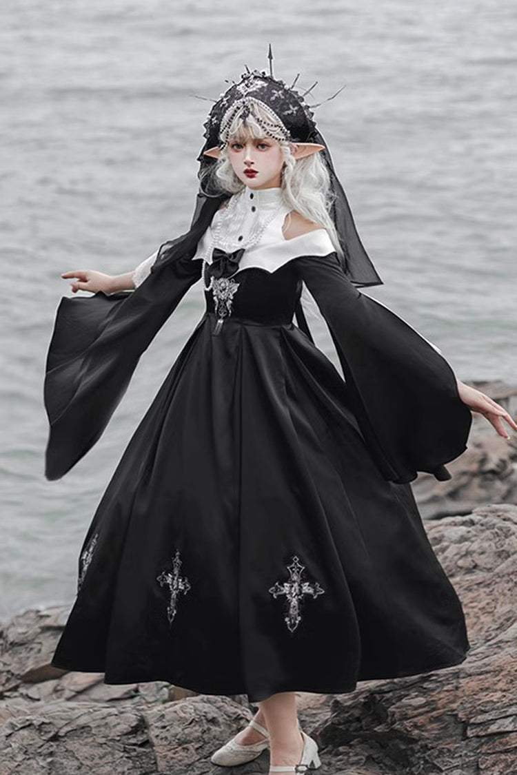 Black [Cross Nun] Stand Collar Off Shoulder Print Bowknot Gothic Elegant Lolita Dress - Black - 1