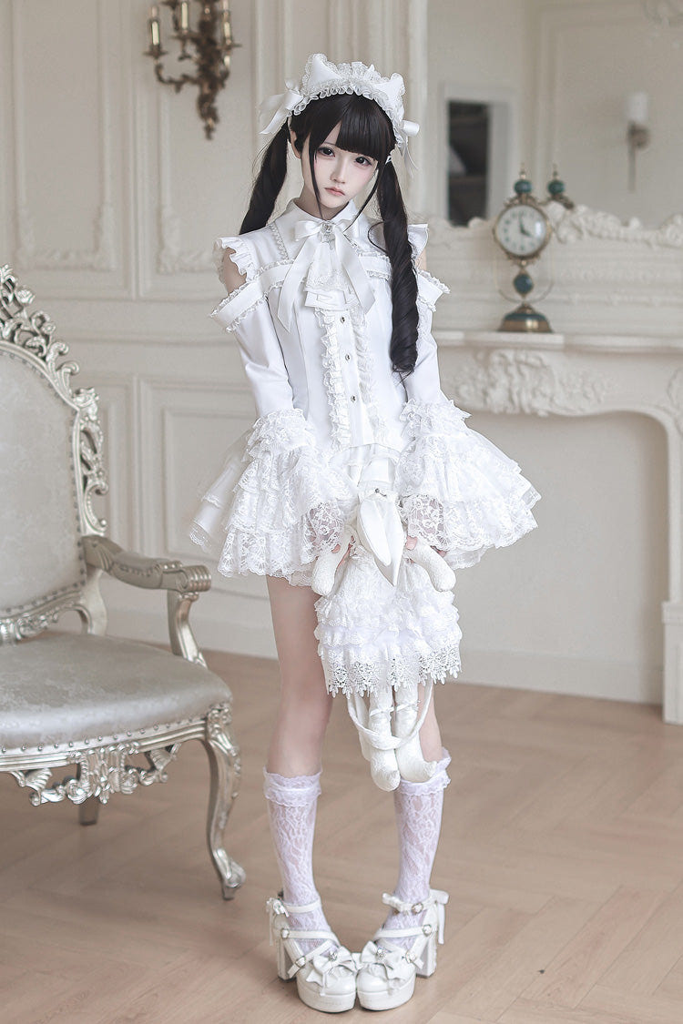 White [Snowy Night Princess] Lapel Collar Long Hime Sleeves Ruffled Bow Lace Gothic Jirai Kei Japanese Skirt Set - Product - 22