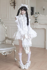 White [Snowy Night Princess] Lapel Collar Long Hime Sleeves Ruffled Bow Lace Gothic Jirai Kei Japanese Skirt Set - Product - 22