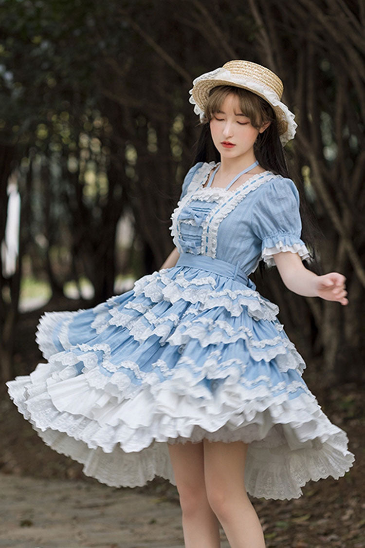 Blue Halter Lantern Short Sleeves Stitching Lace Ruffled Hanayome Sweet Lolita Op Tiered Dress - Product - 2