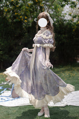 Purple [Oil Painting Sun and Moon Poem] Short Sleeves Print Ruffle Bowknot Sweet Princess Lolita Dress - Product - 9