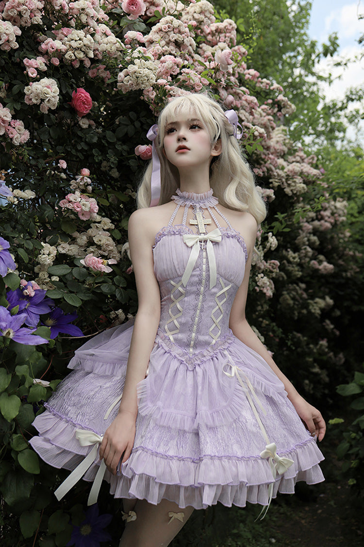Purple Tube Top Sleeveless Ruffle Bowknot Gothic Lolita Jsk Tiered Dress - Product - 11