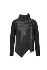 Black Worn Out Cross Shaped Hasp High Collar Asymmetric Hem Men's Punk T-Shirt - Product - 6
