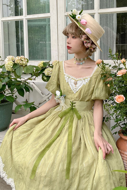 Green Elegant Vintage Square Collar Short Sleeves Multi-Layer Ruffled Classic Lolita OP Dress - Product - 3