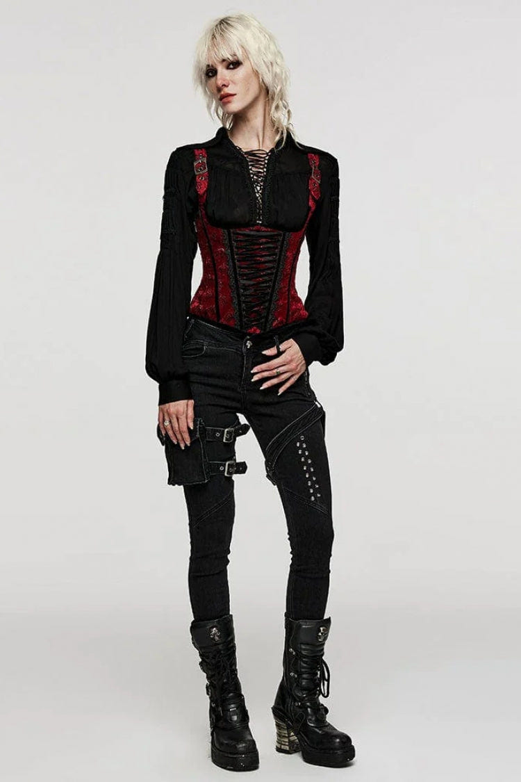 Women's Turn-down Collar Long Sleeves Lace Ruched Gothic Blouse 2 Colors - Product - 13
