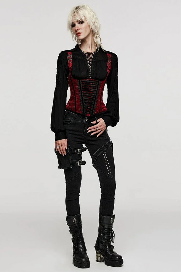 Women's Turn-down Collar Long Sleeves Lace Ruched Gothic Blouse 2 Colors - Product - 13