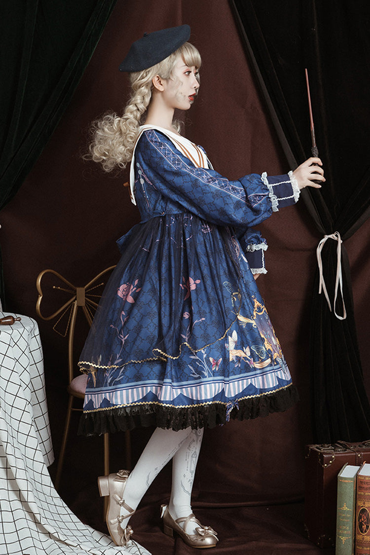 Blue Navy Collar Long Sleeves Butterfly Print Ruffle Bowknot Sweet Elegant Princess Lolita Dress - Product - 2