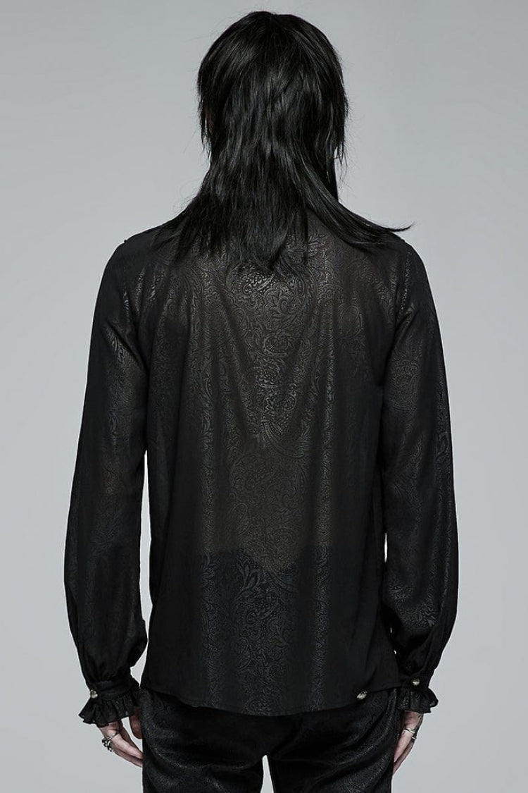Black Stand Collar Ruffle Floral Embroidery Mens Gothic Blouse - Product - 3