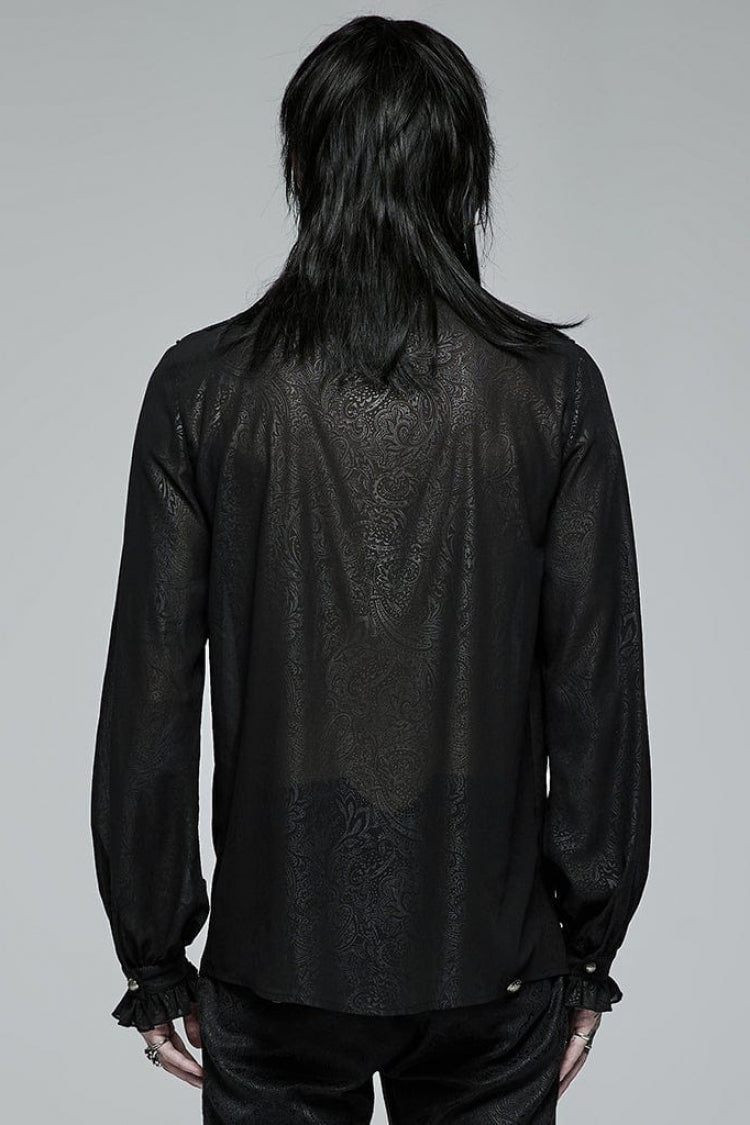 Black Stand Collar Ruffle Floral Embroidery Mens Gothic Blouse - Product - 3