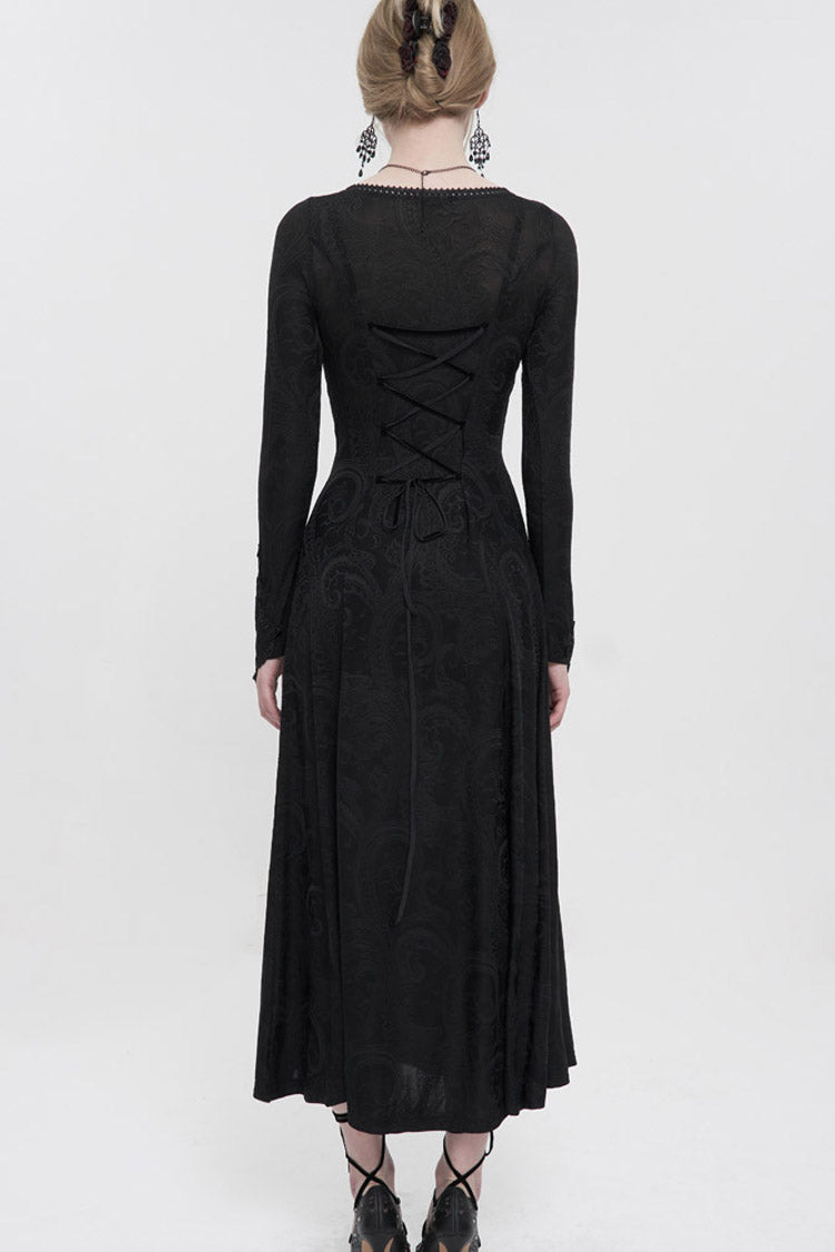 Black Long Sleeve Long Knitting Symmetrical Applique And String at The Chest Women's Gothic Dress - Product - 5