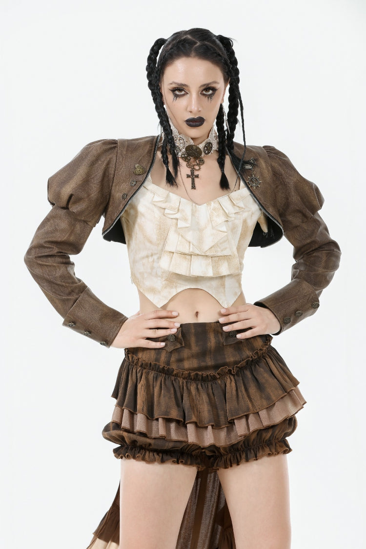 Brown Long Puff Sleeves Zippered Metal-Accented Women's Steampunk Vintage Wrap - Brown - 1