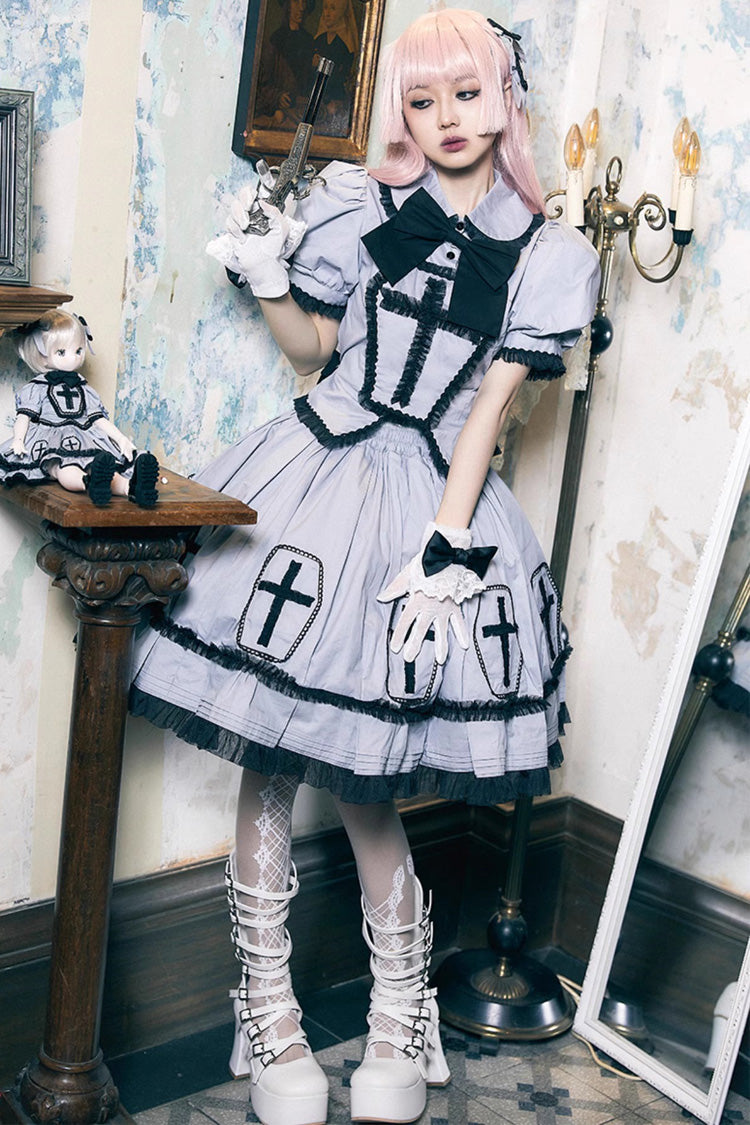 Grey Halloween Cross Short Puff Sleeves Two Pieces Gothic Lolita Dress - Product - 4