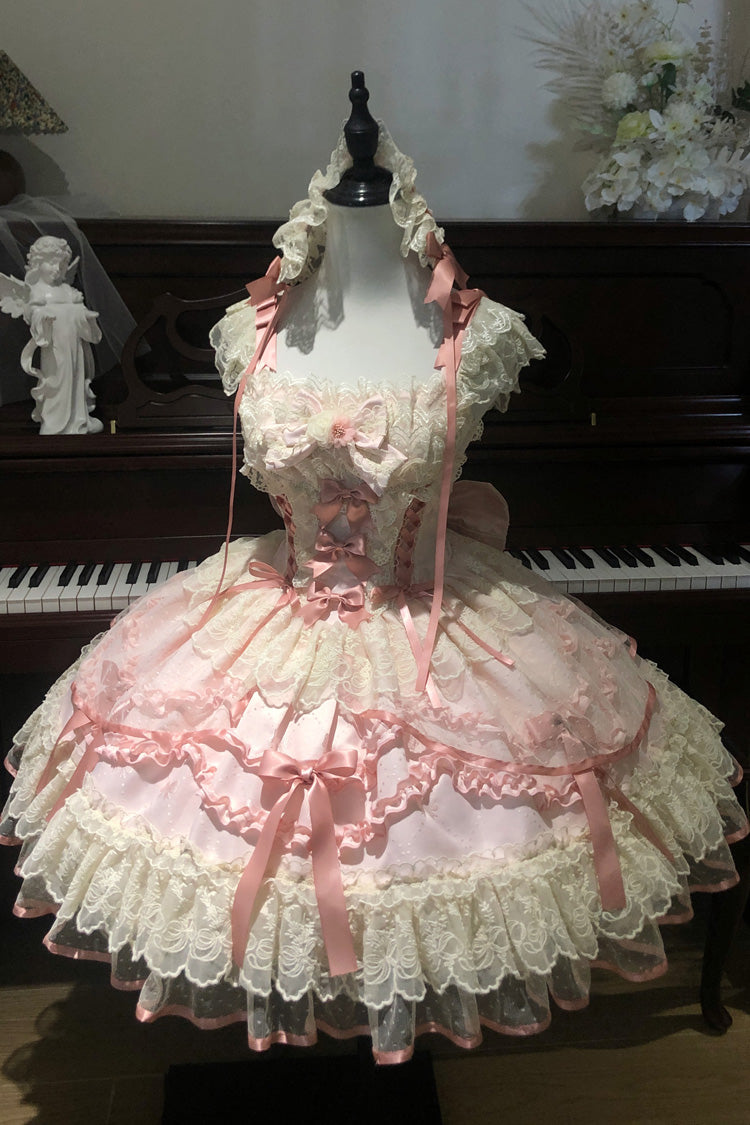 Pink [Dreaming Butterfly] Multi-Layered Jacquard Ruffle Bowknot Lace Sweet Princess Lolita Jsk Dress - Product - 8