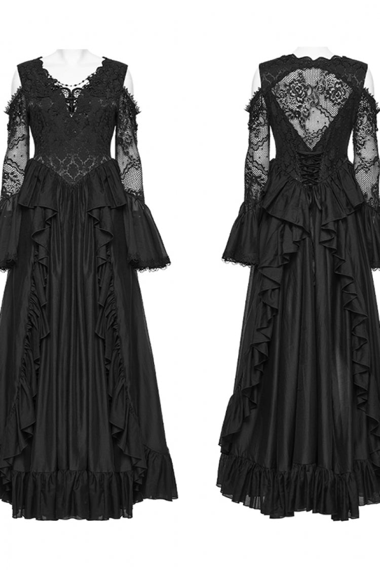 Black V Collar Long Trumpet Sleeves Double-Layered Hanayome Cut-Out Embroidered Lace Lace-Up Pearl-Decorated Pleated Women's Gothic Gorgeous Palace Dress - Product - 5