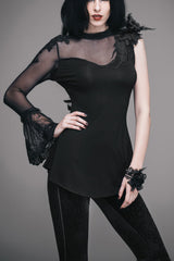 Black Shoulder Decals Feather Decoration Single Sleeve Splice Mesh Women's Gothic Knit - Black - 1