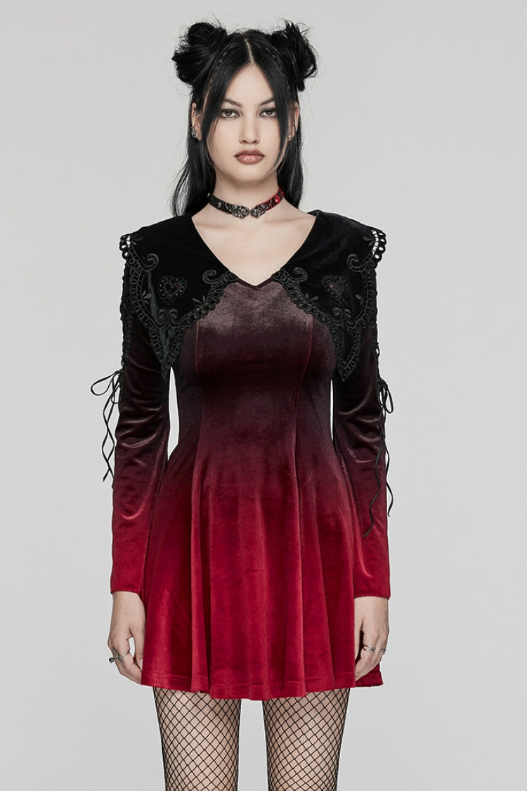 Black/Red Doll Collar Long Sleeves Gradient Embroidery Women's Gothic Prom Dress - Black/Red - 1