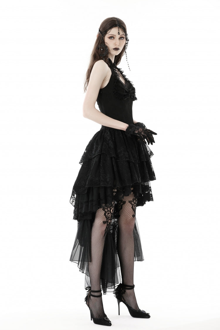 Black Off Shoulder Halterneck Sleeveless Irregular High Low Multi-Layered Lace Women's Gothic Dress - Product - 11