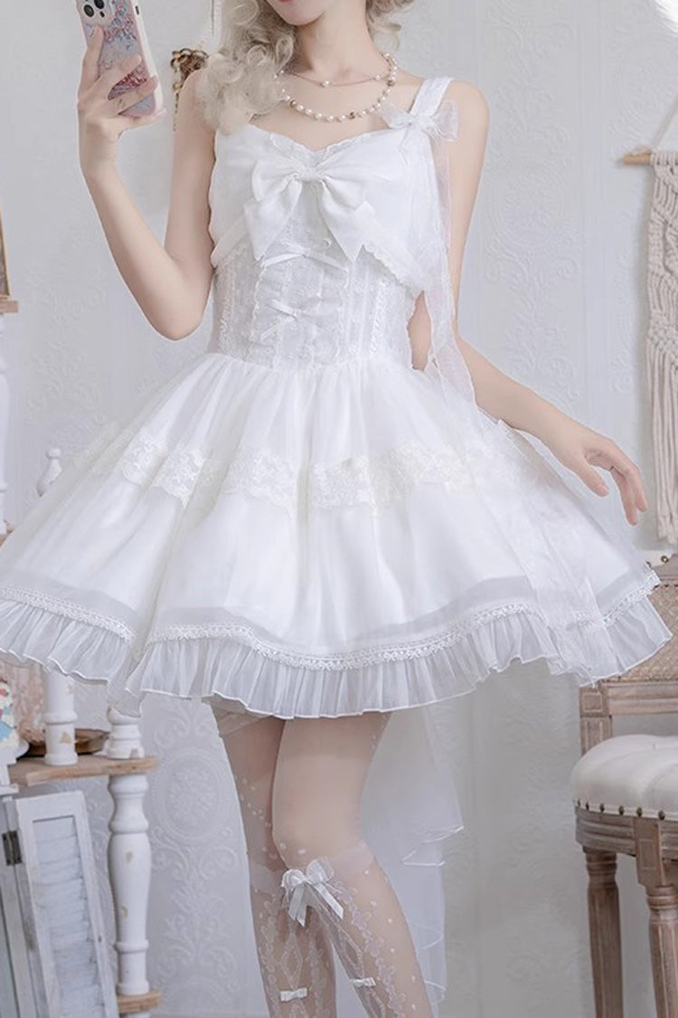 White [Bright Moonlight] Sleeveless Ruffle Bowknot Lace Lace-Up Sweet Elegant Lolita Jsk Dress - Product - 2