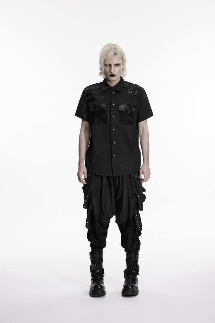 Black Lapel Collar Short Sleeves Cut-Out Spliced Men's Punk Shirt - Product - 2