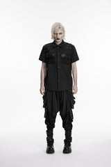 Black Lapel Collar Short Sleeves Cut-Out Spliced Men's Punk Shirt - Product - 2