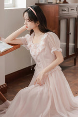 Pink Square Collar Short Puff Sleeves Ruffled Embroidered Lace French Style Sweet Lolita Dress - Product - 3
