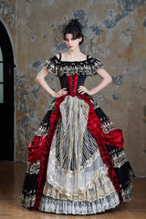 Black/Red Off Shoulder Short Sleeves Multi-Layered Ruffled Open-Front Mesh Gothic Vintage Palace Lolita Victorian Dress - Product - 4