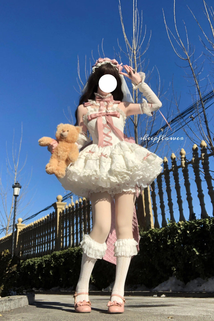 Pink/White Ribbon Embroidery Bowknot Lace-Up Sweet Elegant Princess Lolita Dress - Product - 4