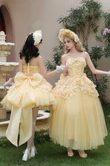 Yellow [Sissi's Pilgrimage] Off Shoulder Ruffle Bowknot Lace Sweet Lolita Skirt (Short Version) - Product - 16