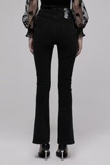 Black Denim Chain Decorated Tight Waist Slit Micro Punk Flared Women's Pants - Product - 2