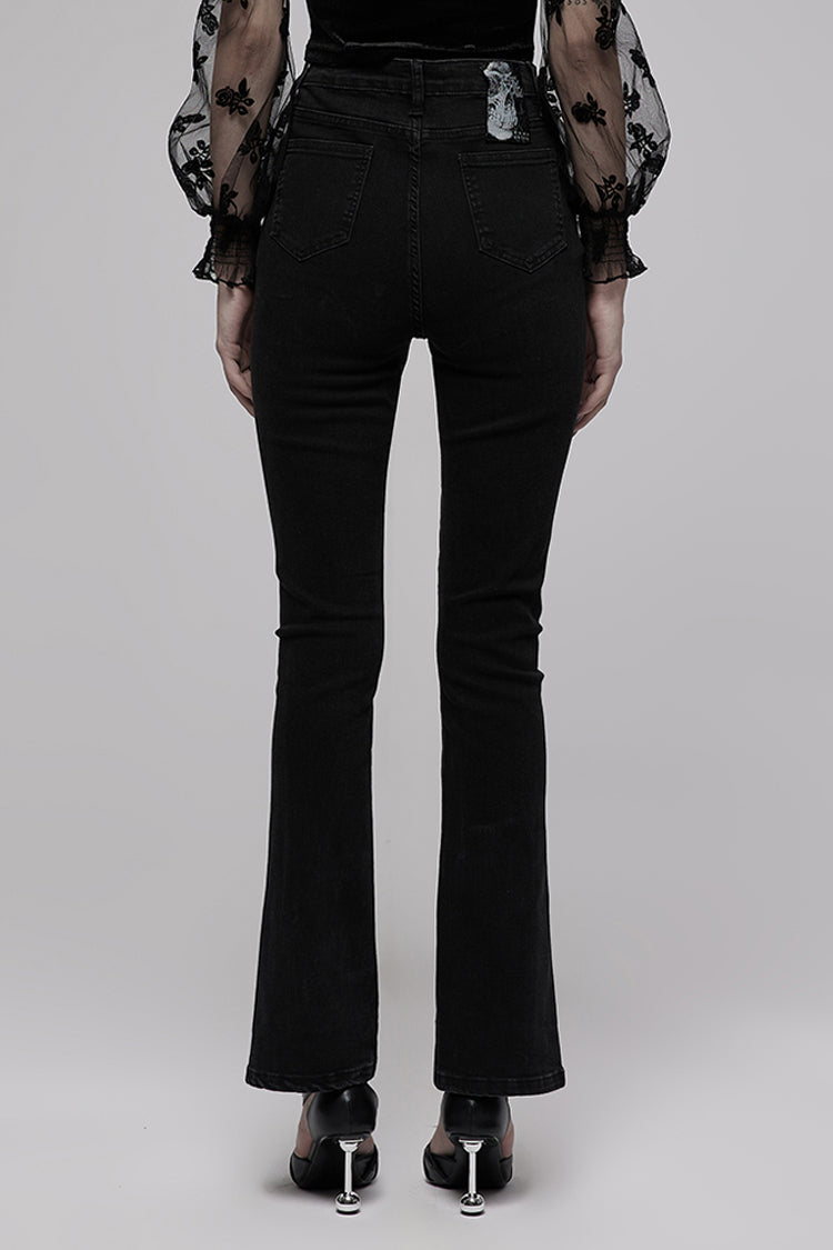 Black Denim Chain Decorated Tight Waist Slit Micro Punk Flared Women's Pants - Product - 2