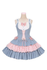 Blue/Pink [Rock Ballet] Printed Triple-Layered Ruffled Bow Lace-Up Sweet Lolita Jsk Dress - Product - 3