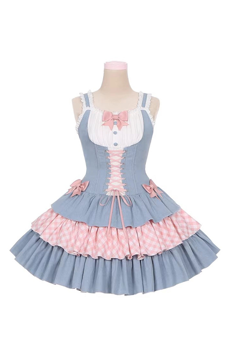 Blue/Pink [Rock Ballet] Printed Triple-Layered Ruffled Bow Lace-Up Sweet Lolita Jsk Dress - Product - 3