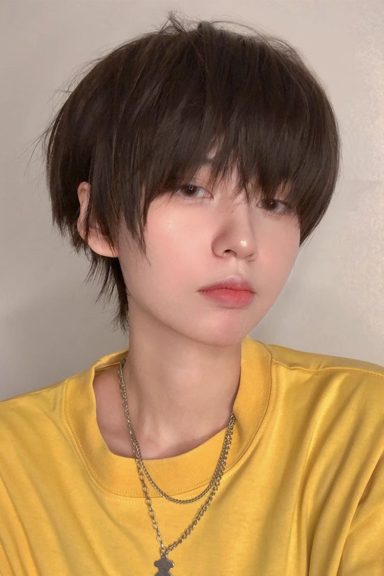 Brown Natural Short Hair Neat Bangs Prince Ouji Wig - Brown - 1