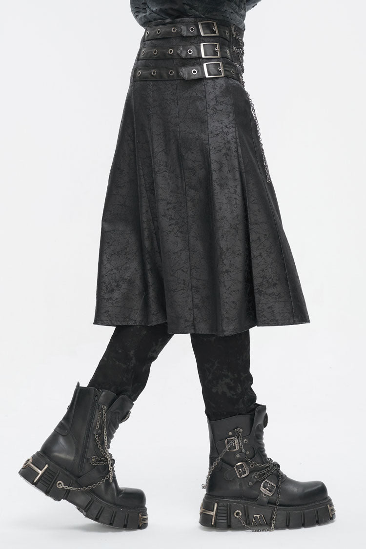 Black Print Chain Multi Buckle Men's Gothic Skirt - Product - 3