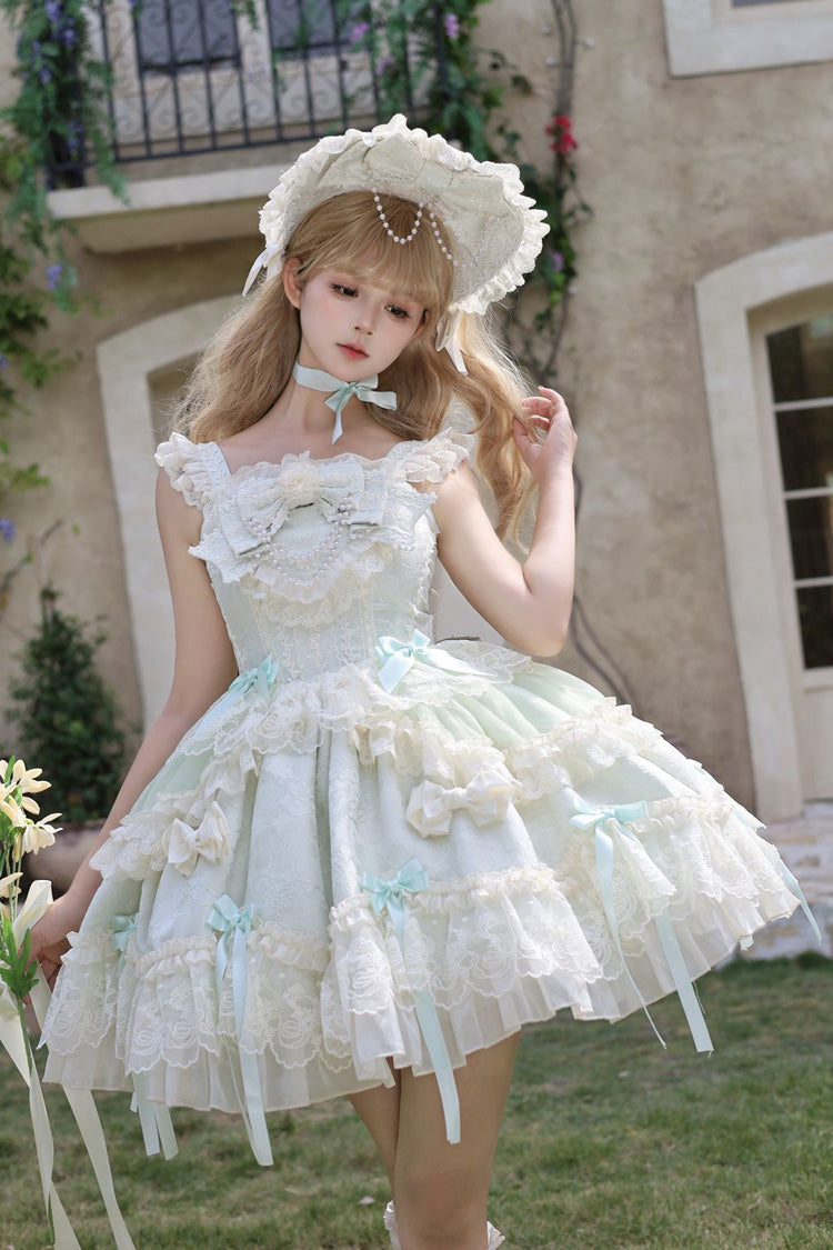 Green [Blossoming Heart Love ] Sleeveless Dark Jacquard Print Bowknot Lace Sweet Lolita Jsk Dress - Green - 1