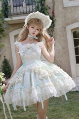 Green [Blossoming Heart Love ] Sleeveless Dark Jacquard Print Bowknot Lace Sweet Lolita Jsk Dress - Green - 1