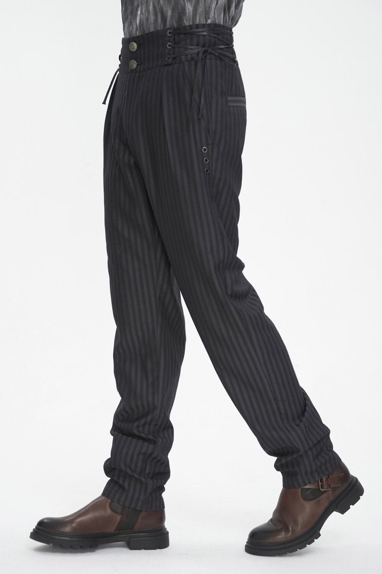 Black High Waisted Lace-Up Striped Men's Gothic Pants - Product - 2