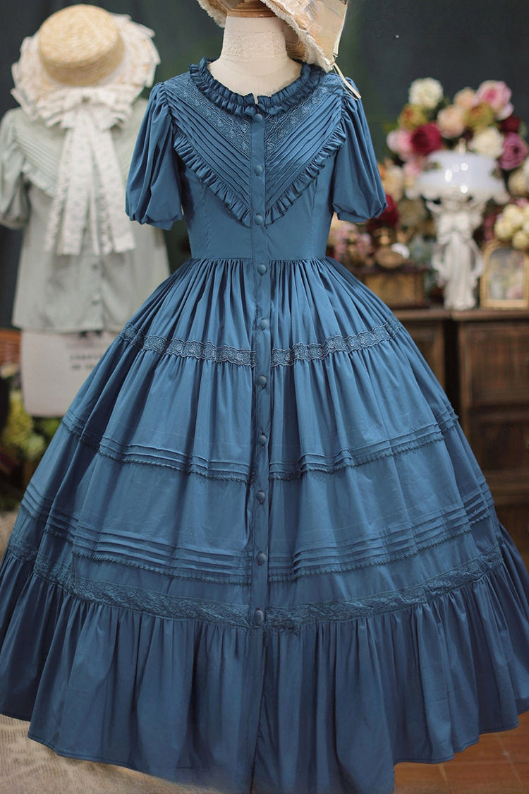 Elegant Cardigan Round Neck Short Sleeves Ruffle One Piece Sweet Lolita Dress 8 Colors - Dark Blue - 8
