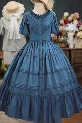Elegant Cardigan Round Neck Short Sleeves Ruffle One Piece Sweet Lolita Dress 8 Colors - Dark Blue - 8