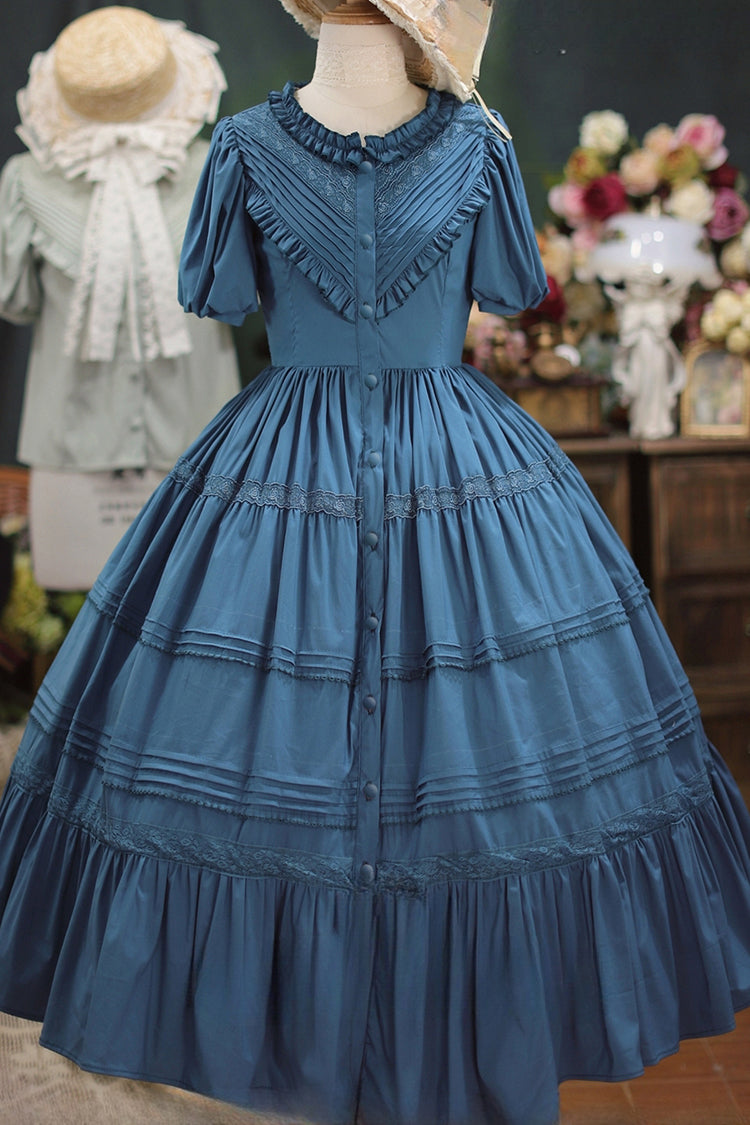 Elegant Cardigan Round Neck Short Sleeves Ruffle One Piece Sweet Lolita Dress 8 Colors - Dark Blue - 8