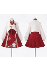 Red/White Stand Collar Long Sleeves High Waisted Embroidery Women's Sweet Chinese Style Hanfu Dress Two-piece Set - Product - 9