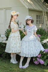 [Breezy Summer Blossoms] Peter Pan Collar Short Sleeves Jacquard Printed Ruffled Embroidered Bow Sweet Lolita Dress 2 Colors (Yellow, Purple) - Product - 5