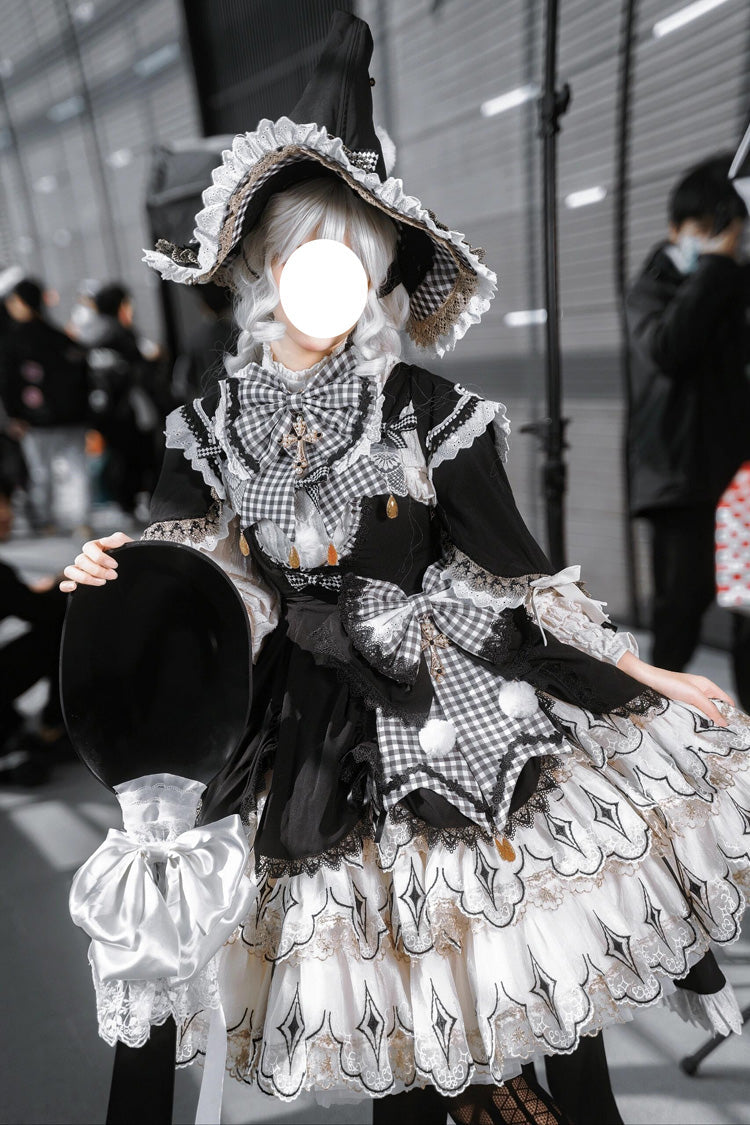 Black/White [Little Witch] Ruffle Embroidery Bowknot Gothic Lolita Jsk Dress Full Set - Product - 2