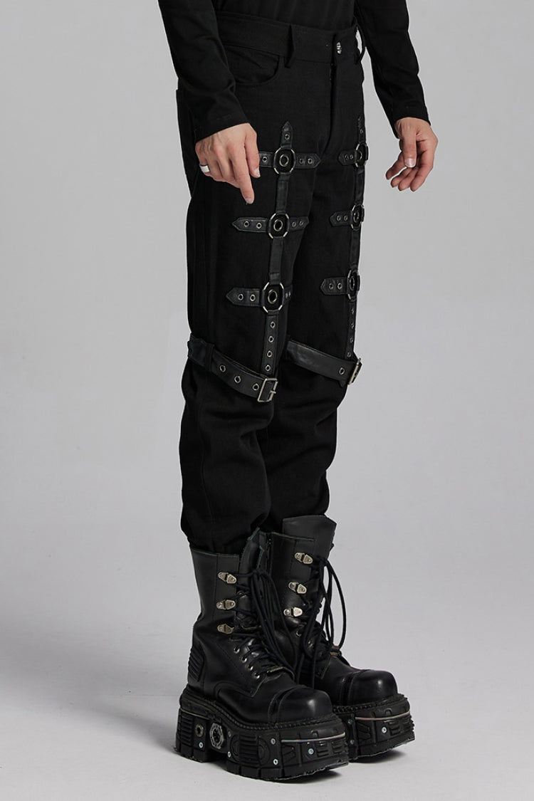Black Buckle Eyelets Ring Men's Punk Pants - Product - 2