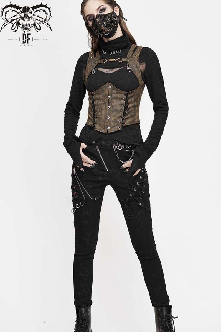 Brown Lace Up Chest Hollow Steel Buckle Rivet Strap Women's Punk Waistcoat - Product - 6