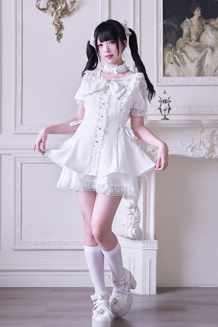 White [Waltz] Short Sleeves Ruffle Bowknot Gothic Jirai Kei Japanese Dress Set - Product - 7