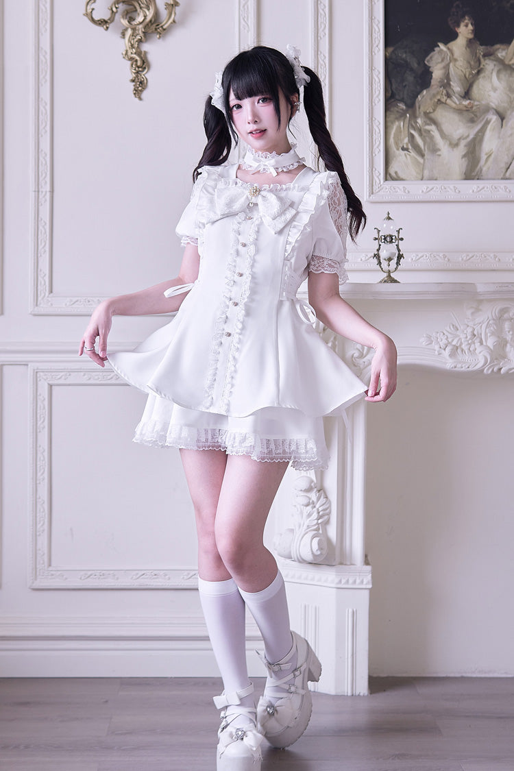 White [Waltz] Short Sleeves Ruffle Bowknot Gothic Jirai Kei Japanese Dress Set - Product - 7