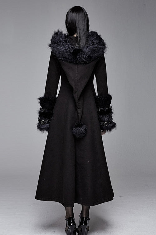 Black Gothic Double Faced Woolen Hooded Long Sexy Women Coat - Product - 4